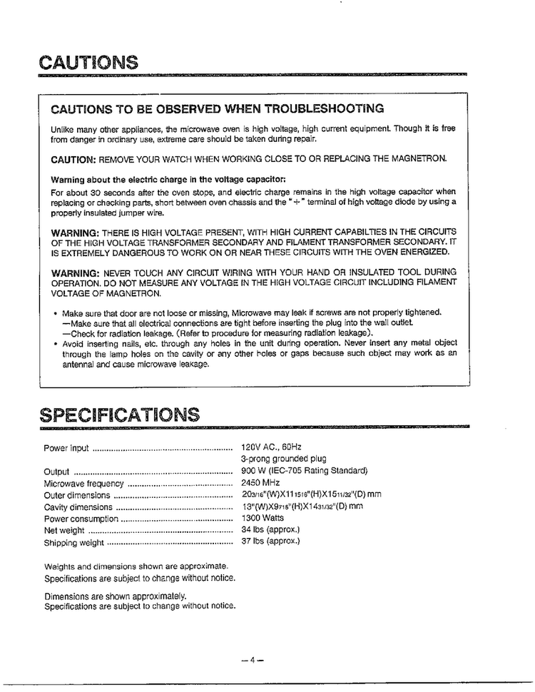 Cautions/specifications Diagram and Parts List for MA-1171S  LG Microwave