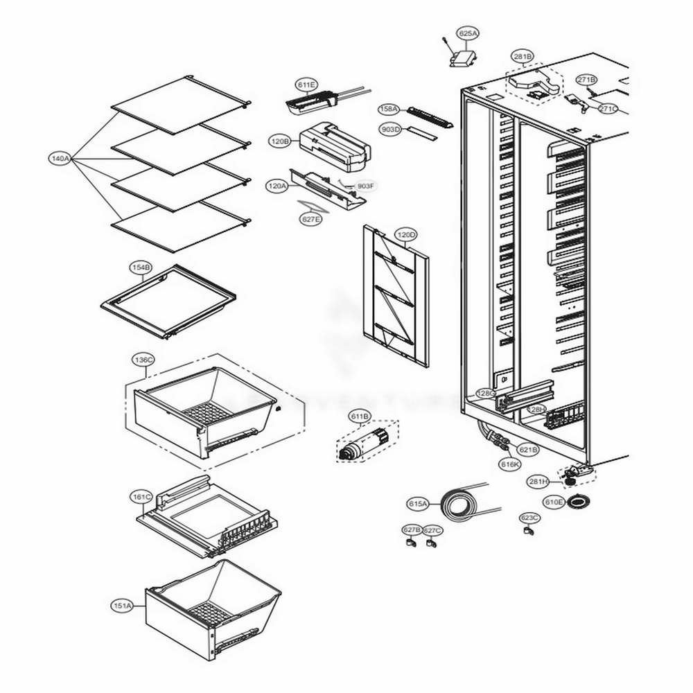 Refrigerator Compartment Diagram and Parts List for 51833 ASTCSE3 LG Refrigerator