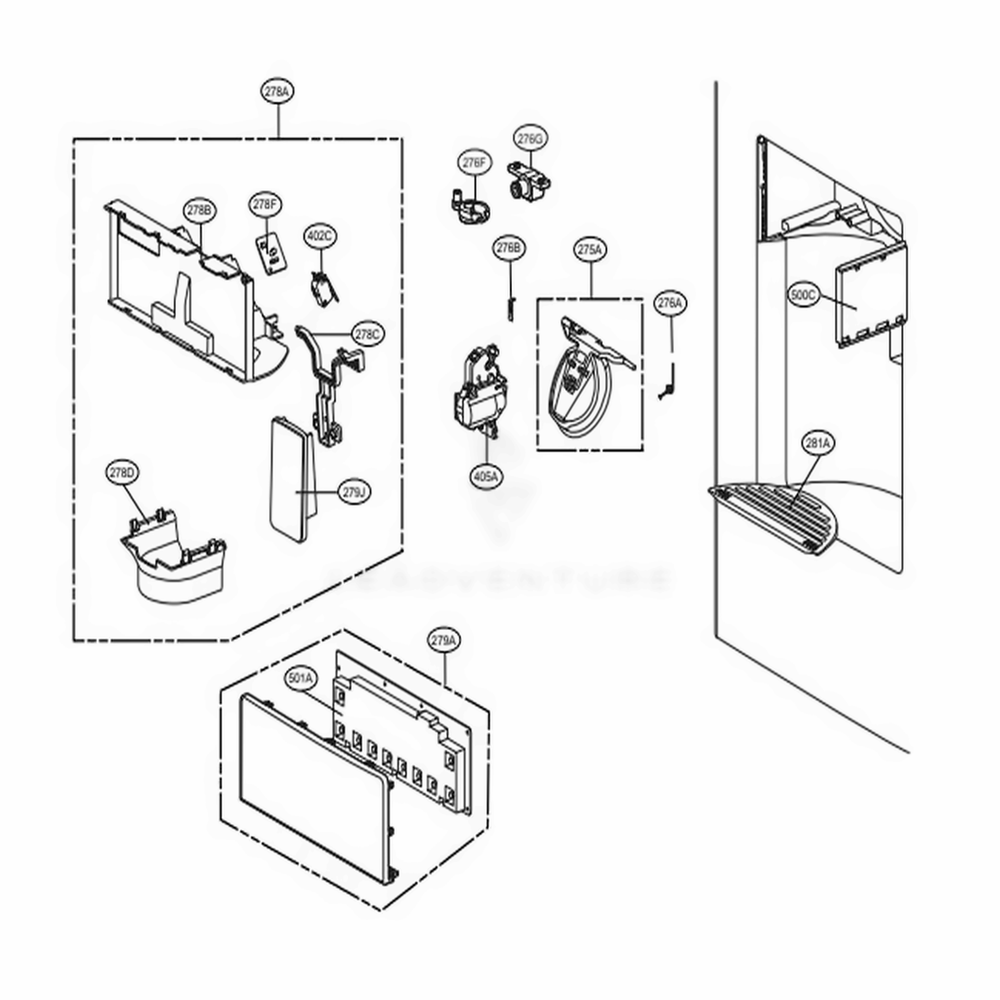 Dispenser Parts Diagram and Parts List for 71092 ASWCSE2 LG Refrigerator