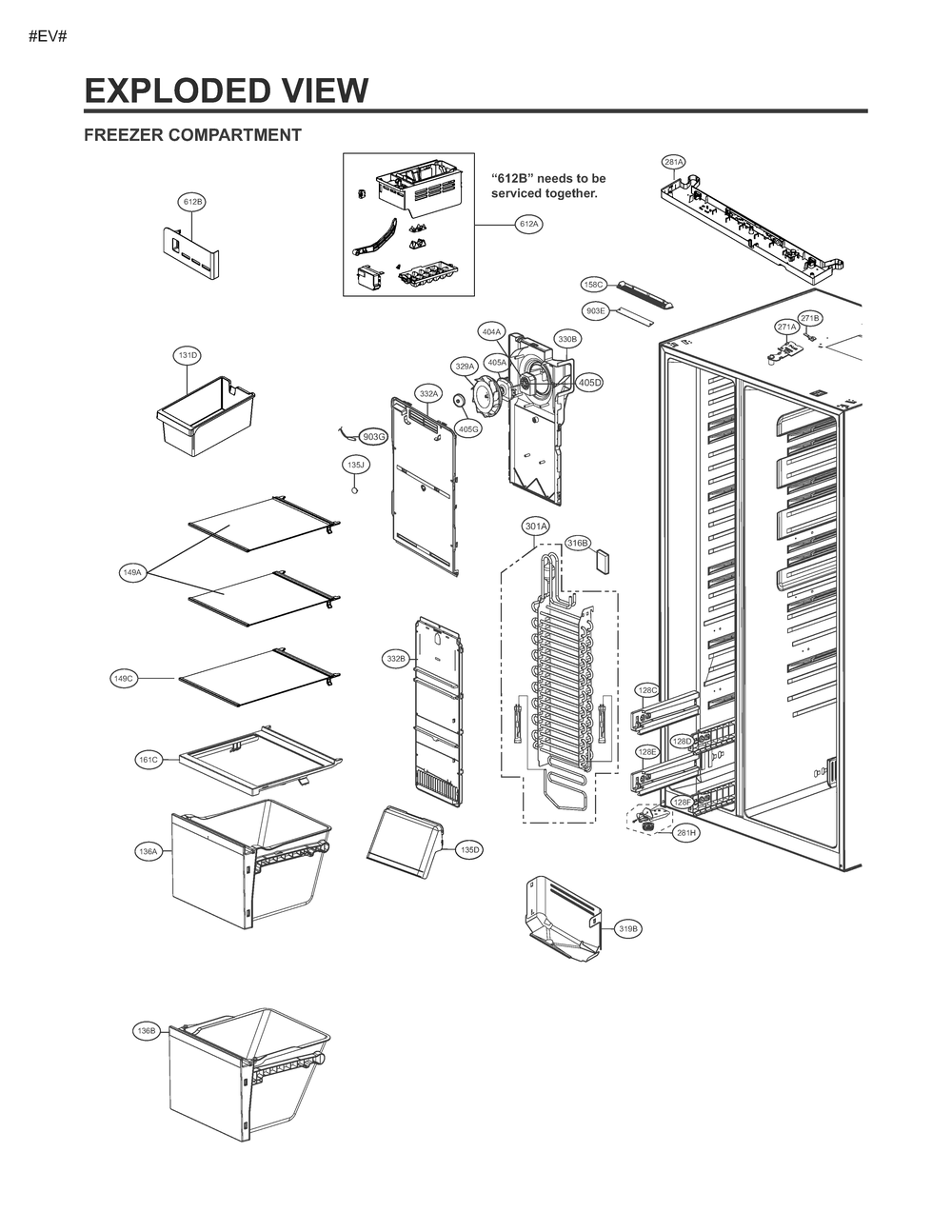Freezer Compartment 612b Diagram and Parts List for GM-Q277SLRL APZCNA0 LG Refrigerator