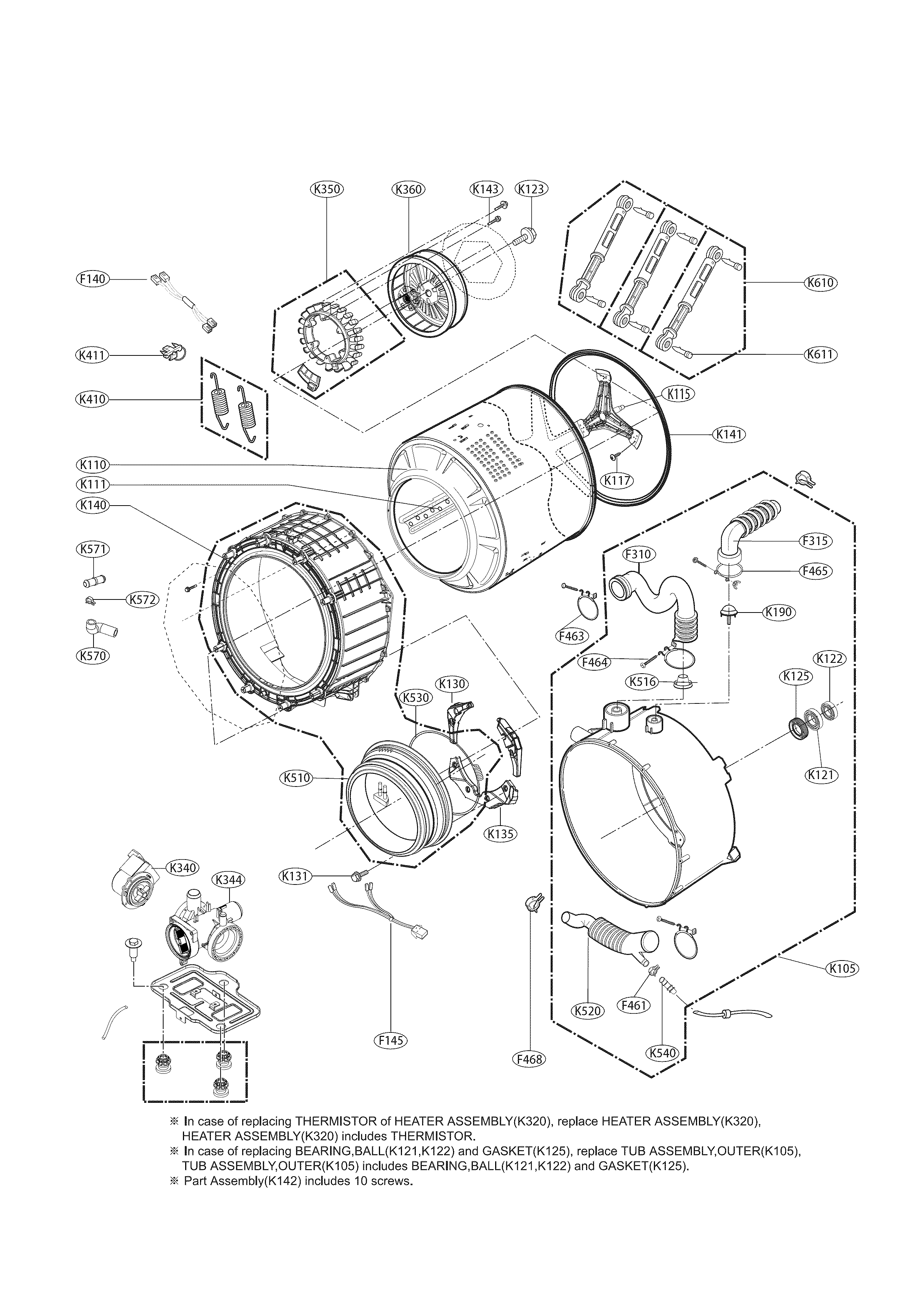Drum Parts Diagram and Parts List for 79641162411  Kenmore Washer
