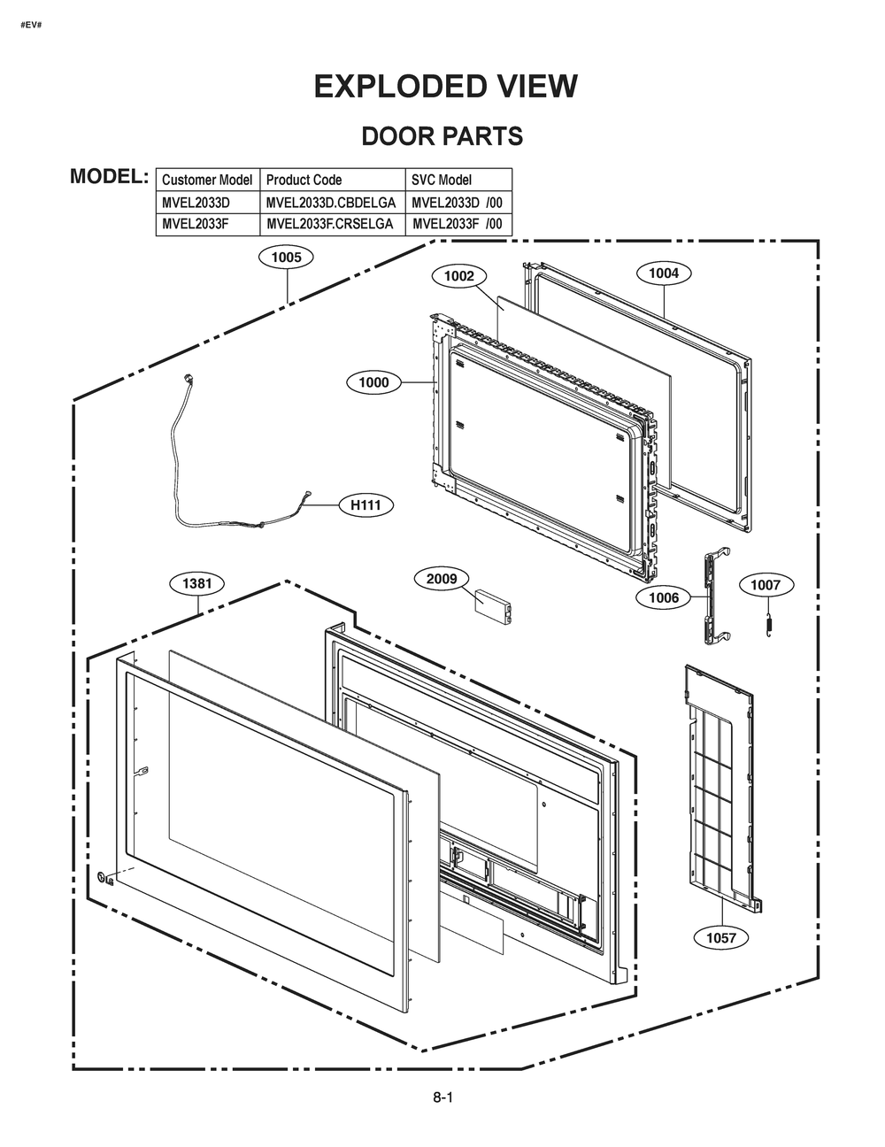 Door Parts Diagram and Parts List for MVEL2033D CBDELGA LG Microwave