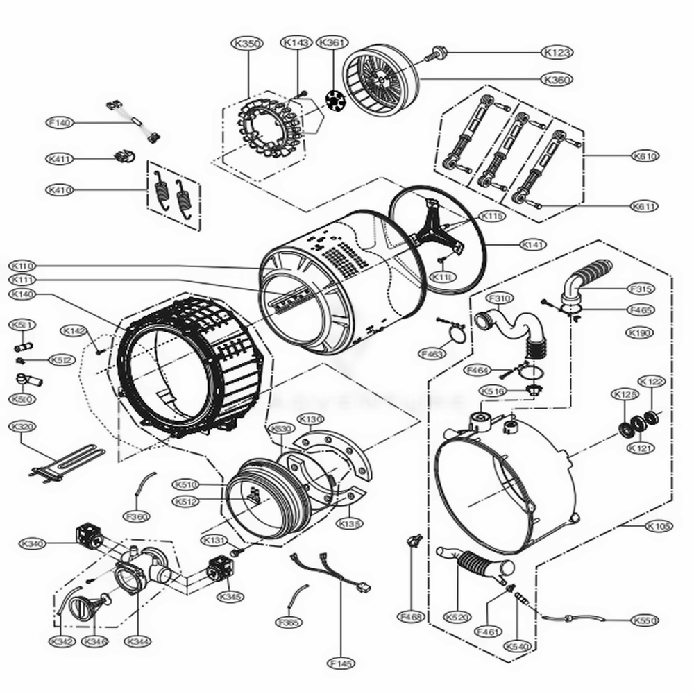 Drum And Tub Assembly Diagram and Parts List for GCWM1069CS7 ASSEELC LG Washer Dryer Combo