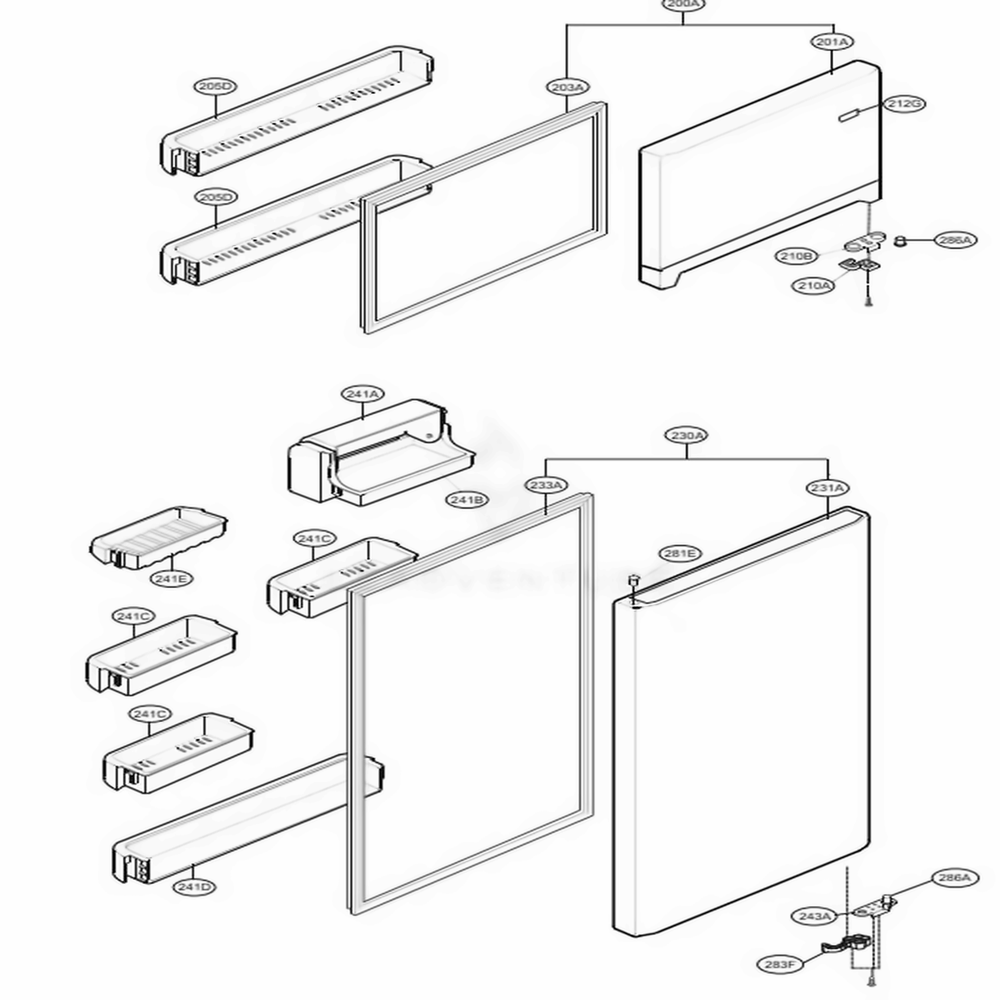 Door Parts Diagram and Parts List for 69374 ABI1SER LG Refrigerator