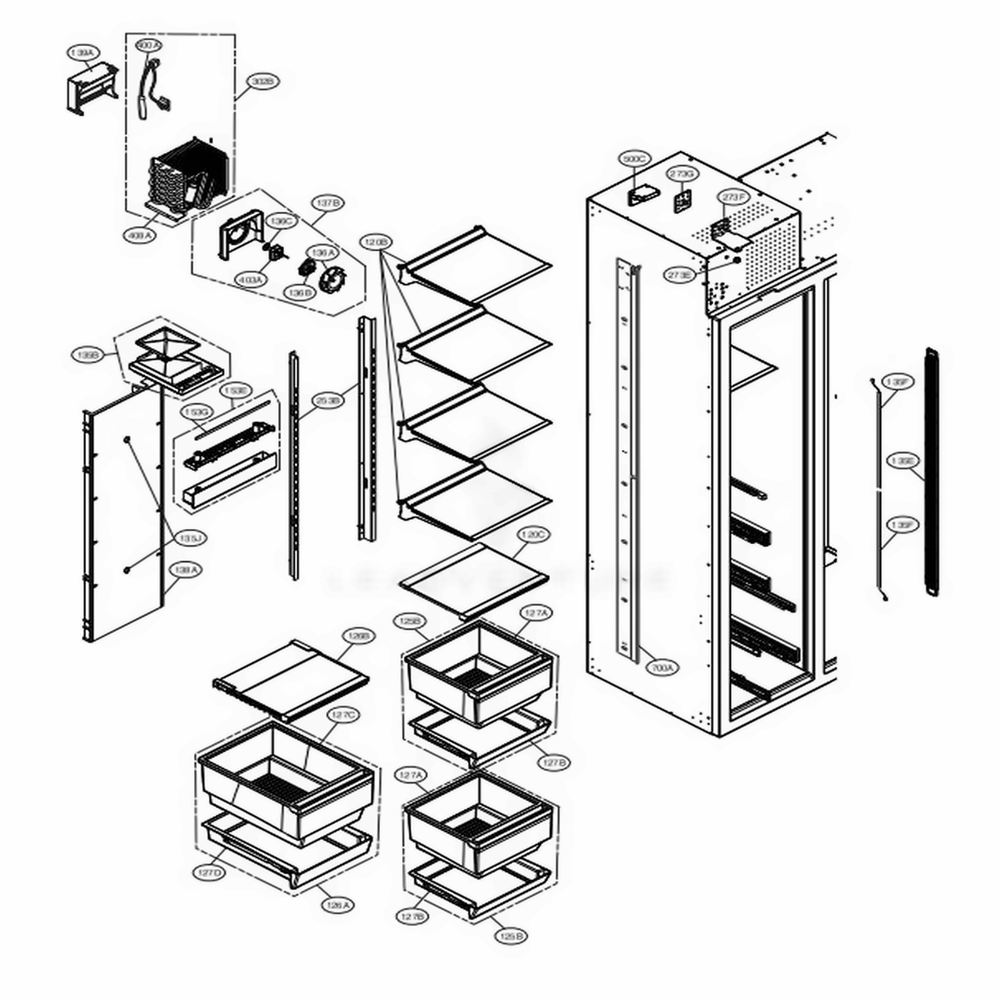 Freezer Compartment Diagram and Parts List for UPSXB2627S ASTCNA1 LG Refrigerator