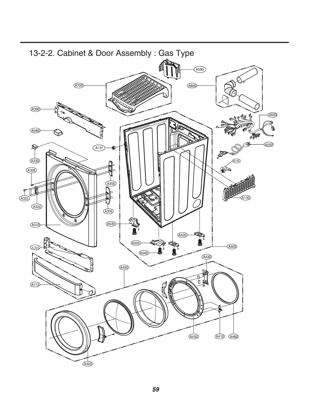 Cabinet And Door Assembly Diagram and Parts List for RN1044AS ABWESEU LG Dryer