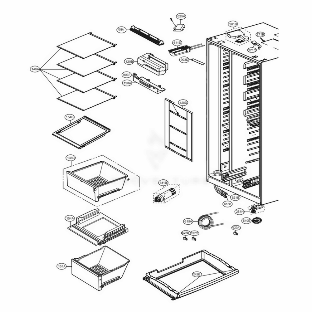 Refrigerator Compartment Diagram and Parts List for LSXC22386D ASBCNA0 LG Refrigerator
