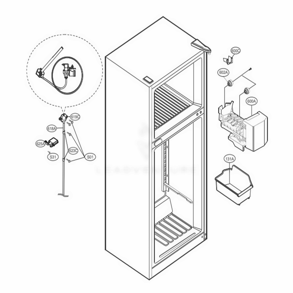 Ice Maker Parts Diagram and Parts List for LTWS24223S ASTCNA0 LG Refrigerator