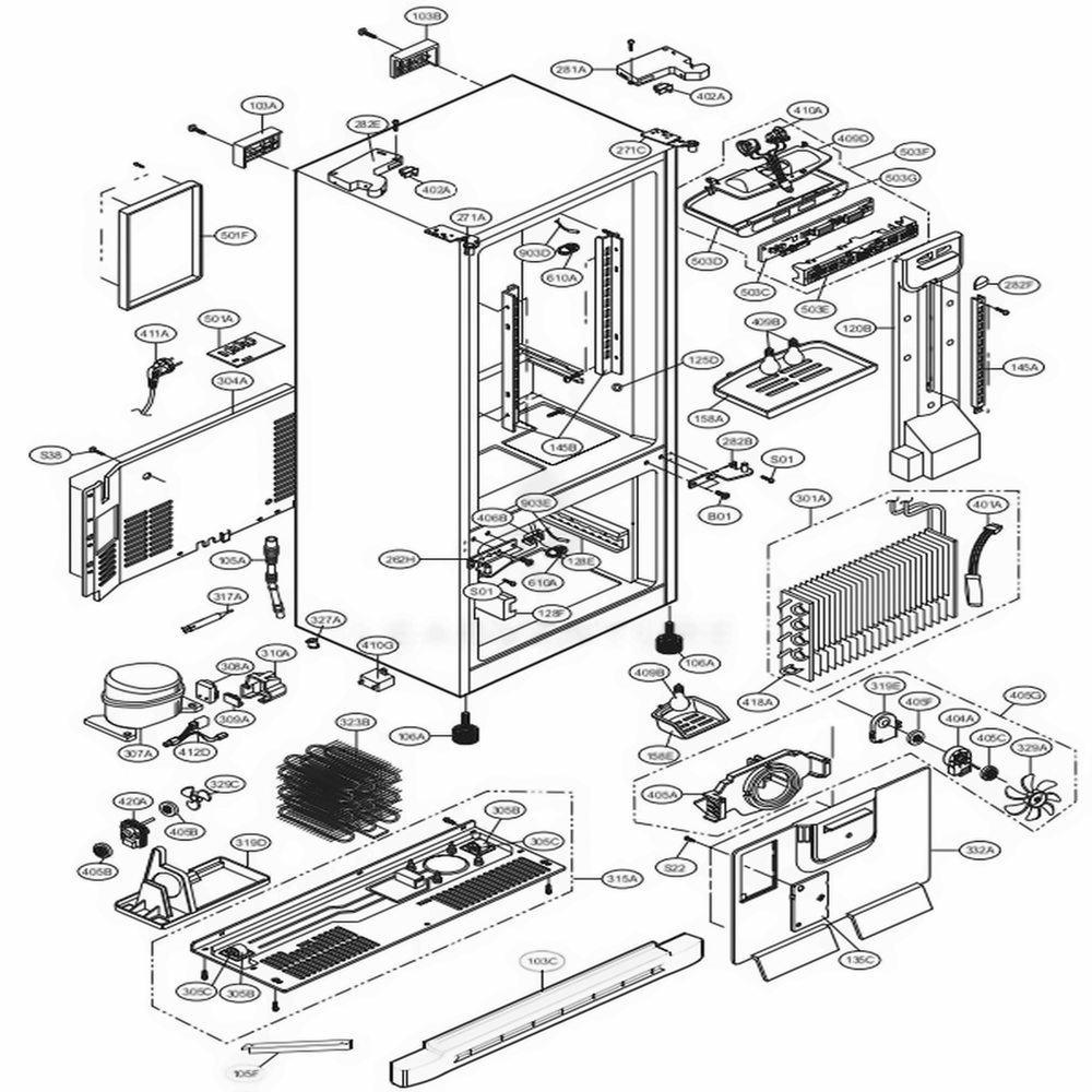 Case Parts Diagram and Parts List for LFC23760SB AWB4LGA LG Refrigerator