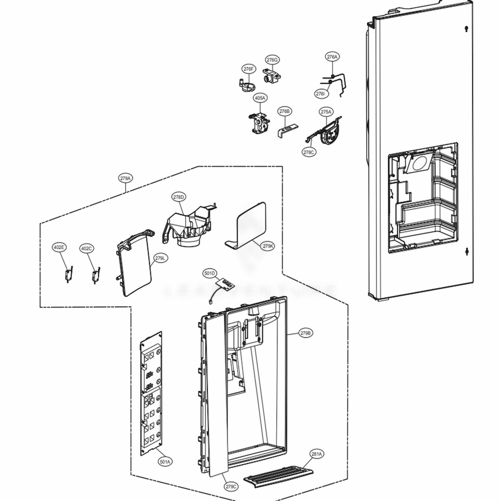Dispenser Parts Diagram and Parts List for LFXC24726S ASTCNA4 LG Refrigerator