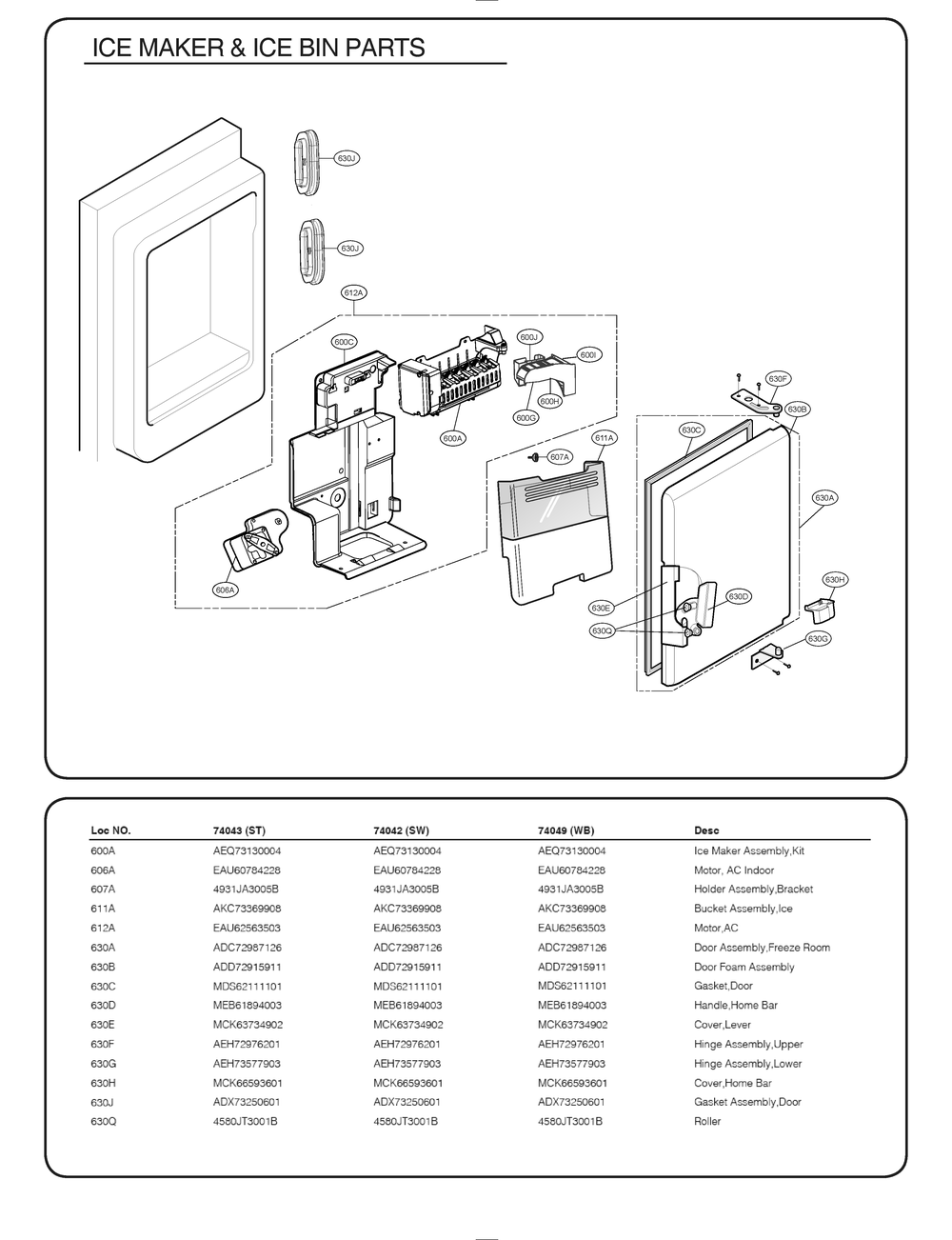 Ice Maker And Ice Bin Parts Diagram and Parts List for GR-L268LQTM ASWCSE2 LG Refrigerator
