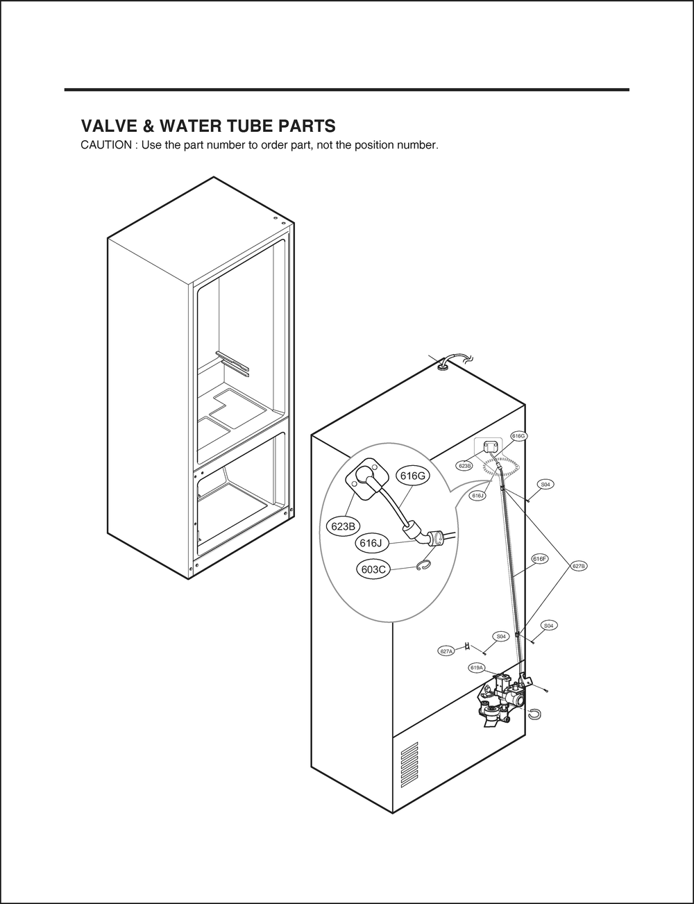 Valve And Water Tube Parts Diagram and Parts List for GR-L24GHSJM ASBCNA1 LG Refrigerator