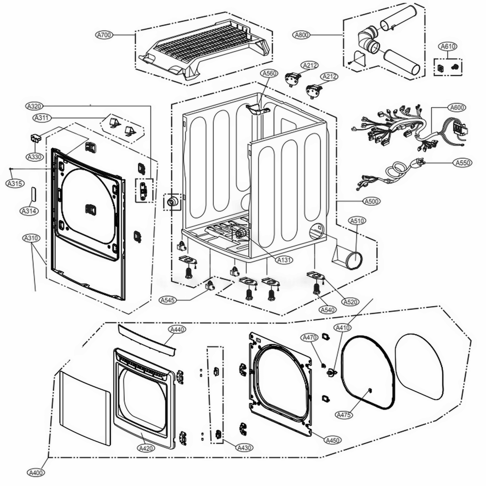 Cabinet And Door Assembly Diagram and Parts List for DLE4901W ABWEEUS LG Dryer