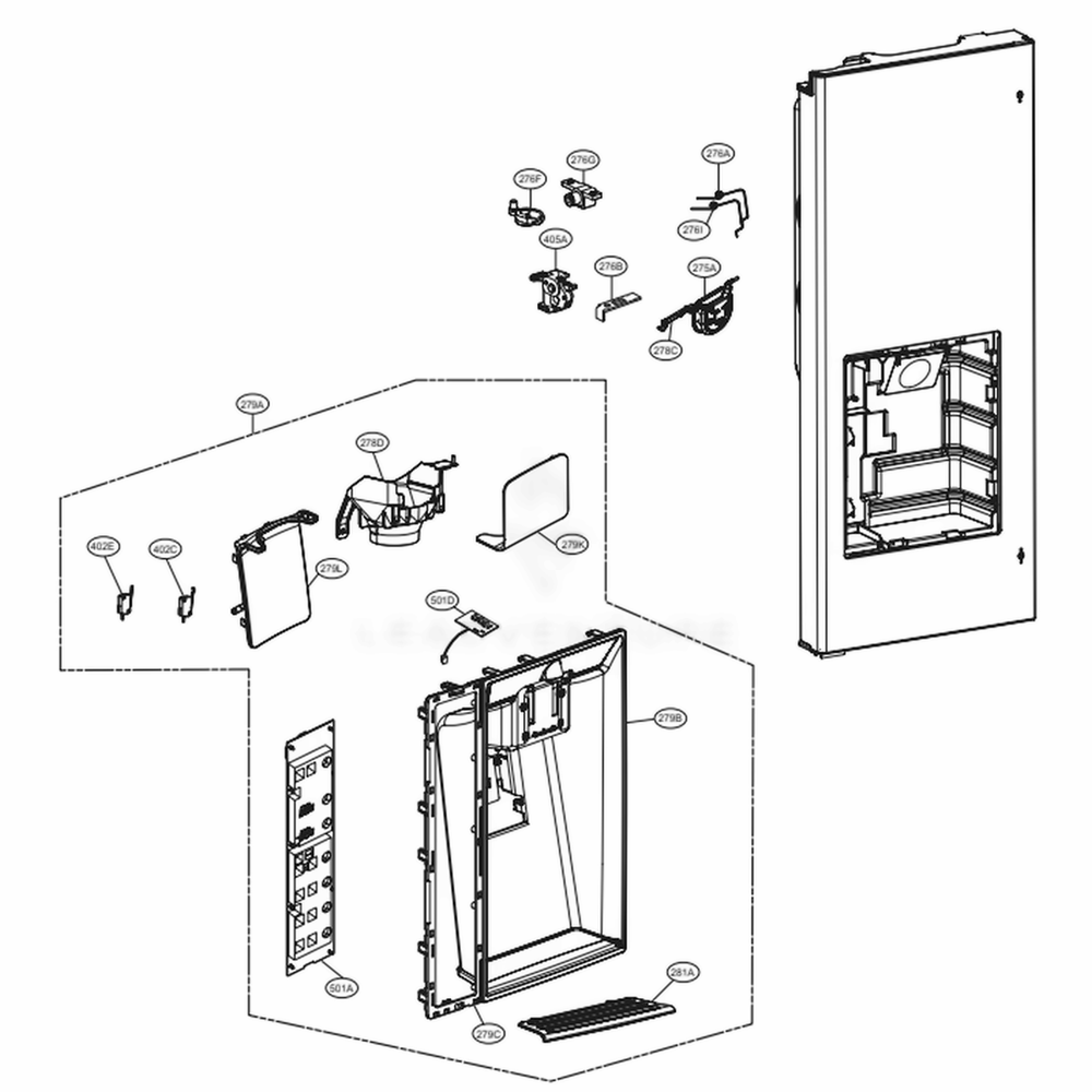 Dispenser Parts Diagram and Parts List for LMXS30776S ASTCNA1 LG Refrigerator