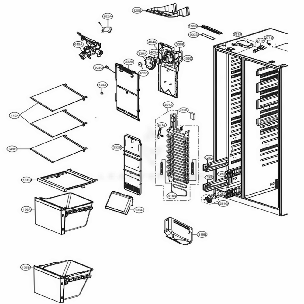 Freezer Compartment Diagram and Parts List for LSXS26366D ASBCNA3 LG Refrigerator