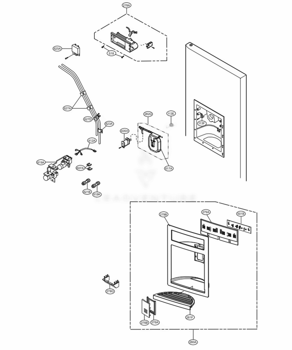 Ice And Water Part Dispenser Parts Diagram and Parts List for 58822 ASWCSER LG Refrigerator