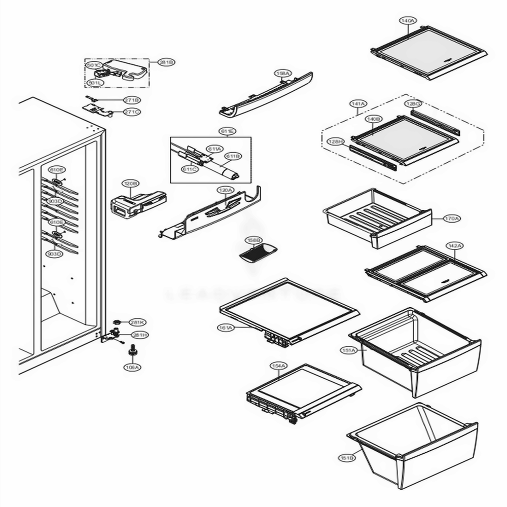 Refrigerator Compartment Diagram and Parts List for 51373 AST1SER LG Refrigerator