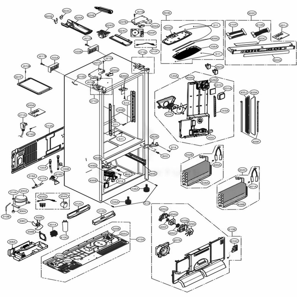 Case Parts Diagram and Parts List for 75049 AWBCSE0 LG Refrigerator