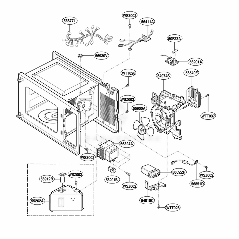 Interior Parts Diagram and Parts List for 767 MWESEC LG Wall Oven