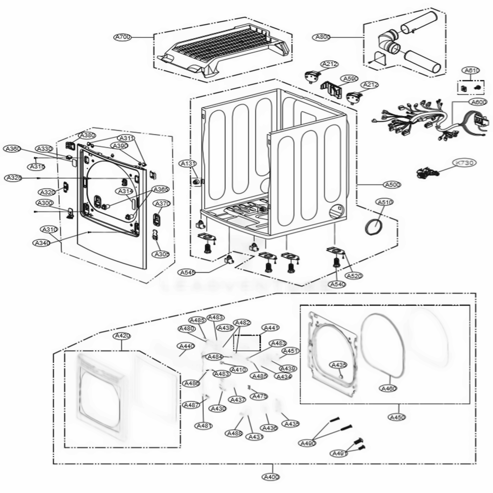 Cabinet And Door Assembly Diagram and Parts List for DLEX7800WE ABWEEUS LG Dryer