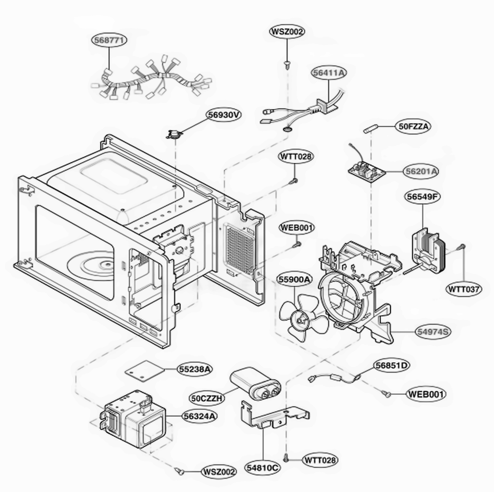 Interior Parts 2 Diagram and Parts List for MA7542W01 CW1EGSE LG Range