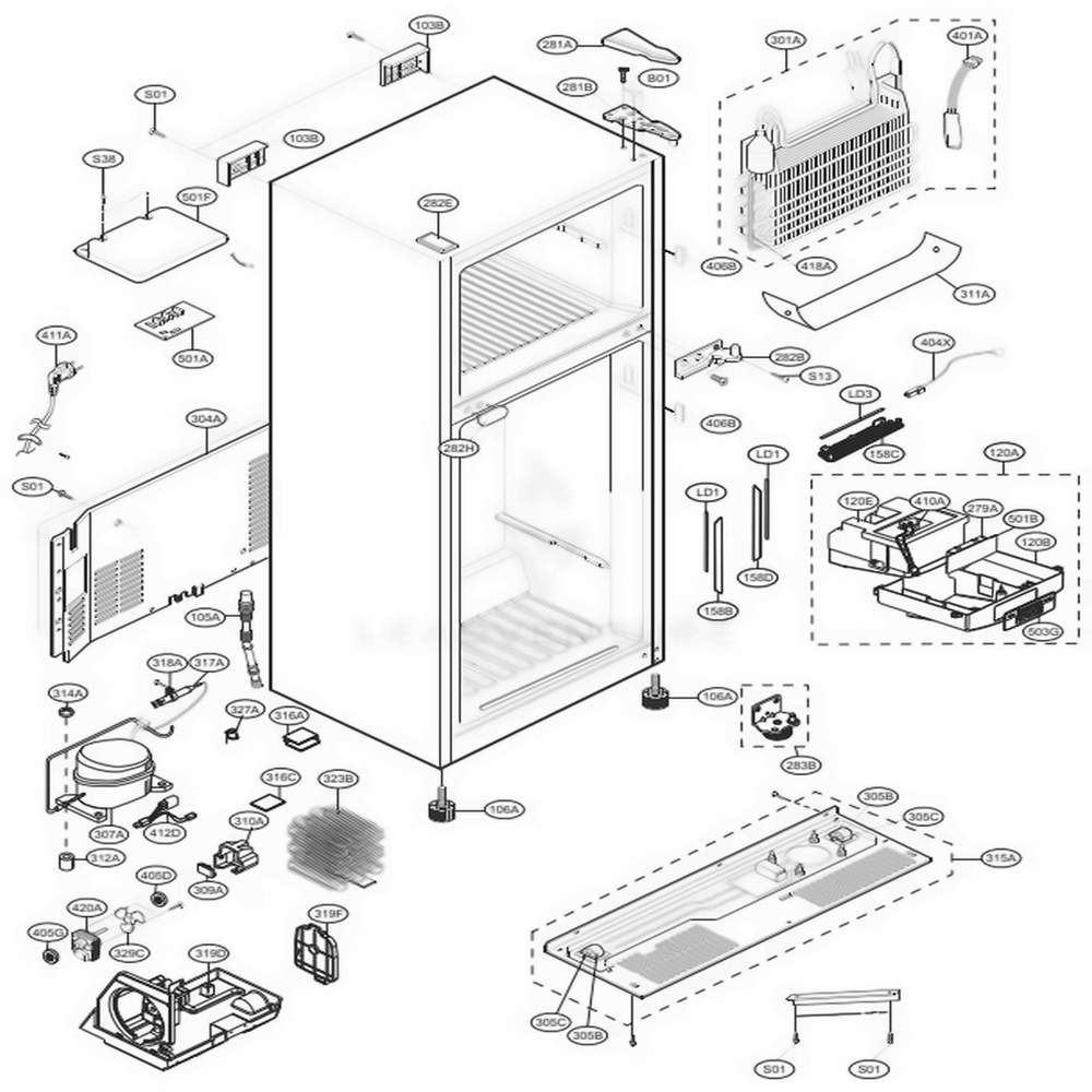 Case Parts Diagram and Parts List for LTCS24223W ASWCNA3 LG Refrigerator
