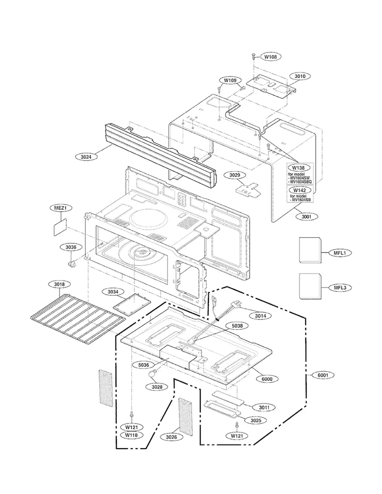 Oven Cavity Parts Diagram and Parts List for MV1604SB01  LG Microwave