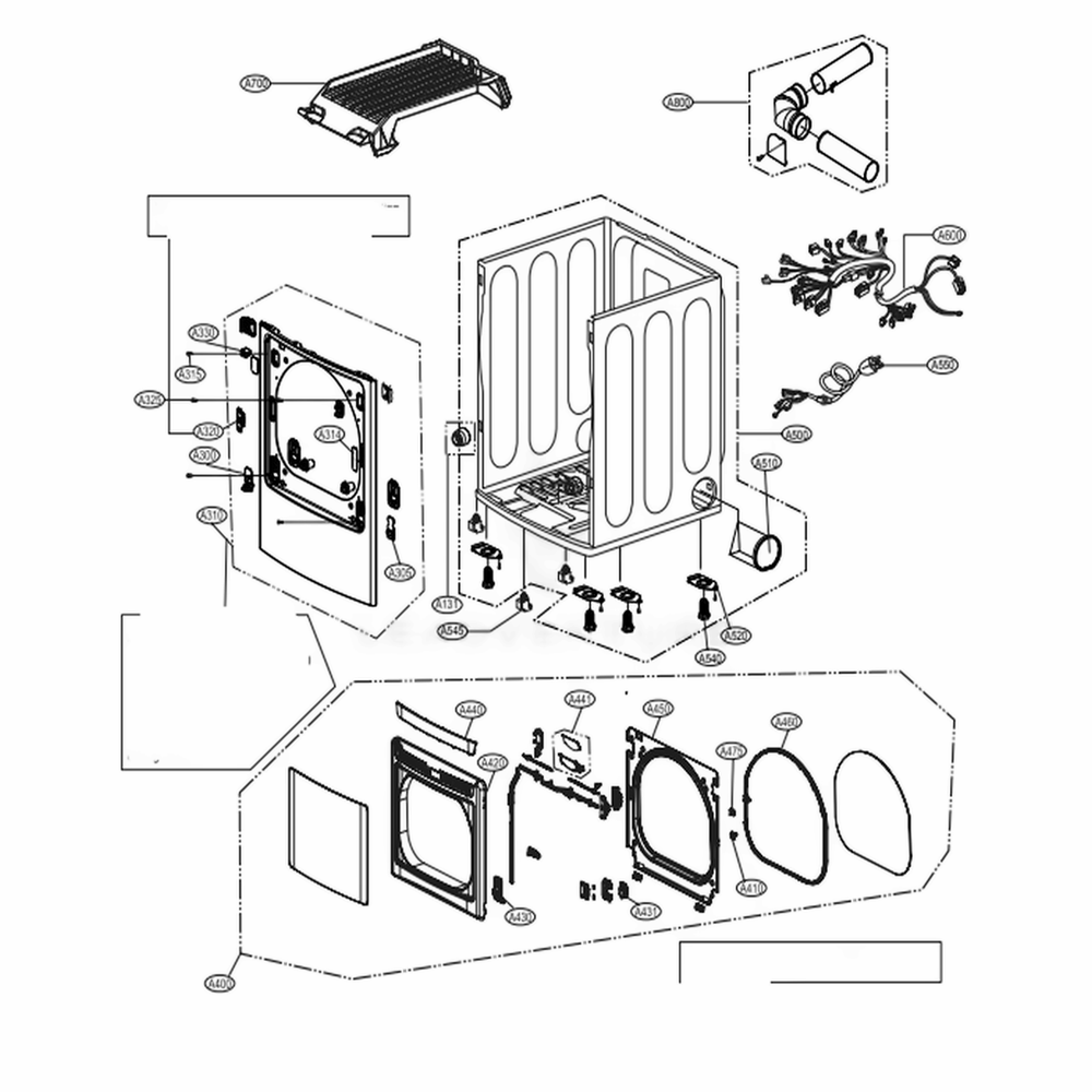 Cabinet And Door Assembly: Gas Type Diagram and Parts List for DLGY1702VE ASSEEUS LG Dryer