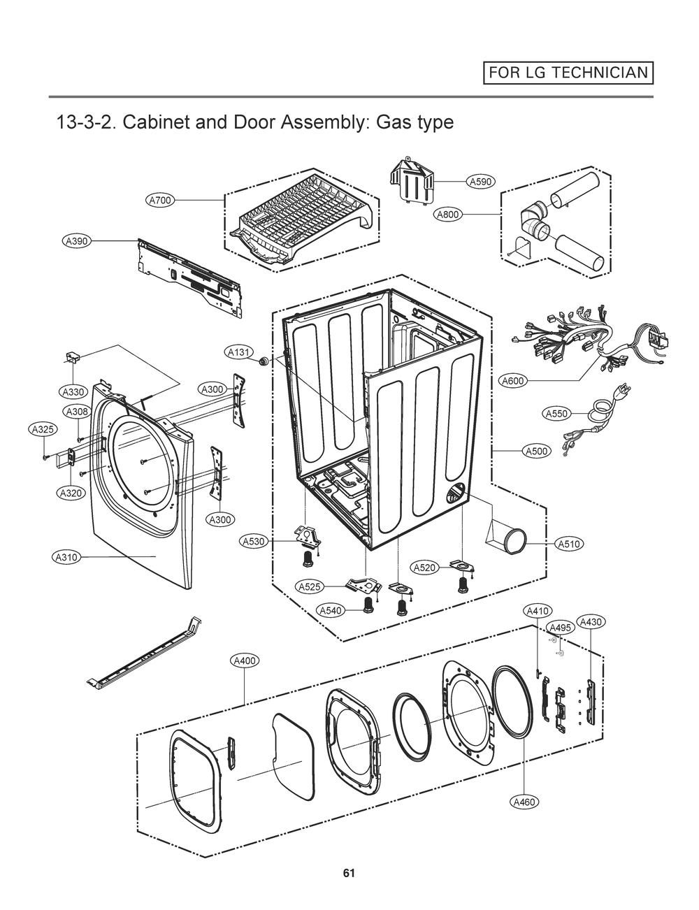 Cabinet And Door Assembly Diagram and Parts List for RN1393ES ASSEEUS LG Dryer