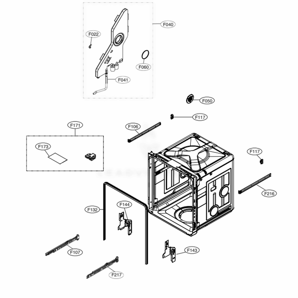 Tub Assembly Diagram and Parts List for LSDT9908BD ABDESTD LG Dishwasher