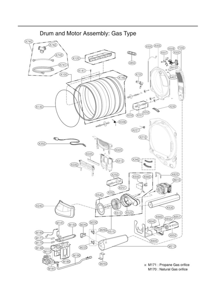 Drum/Motor Assembly: Gas Type Diagram and Parts List for DLGX7801WE 00 LG Dryer