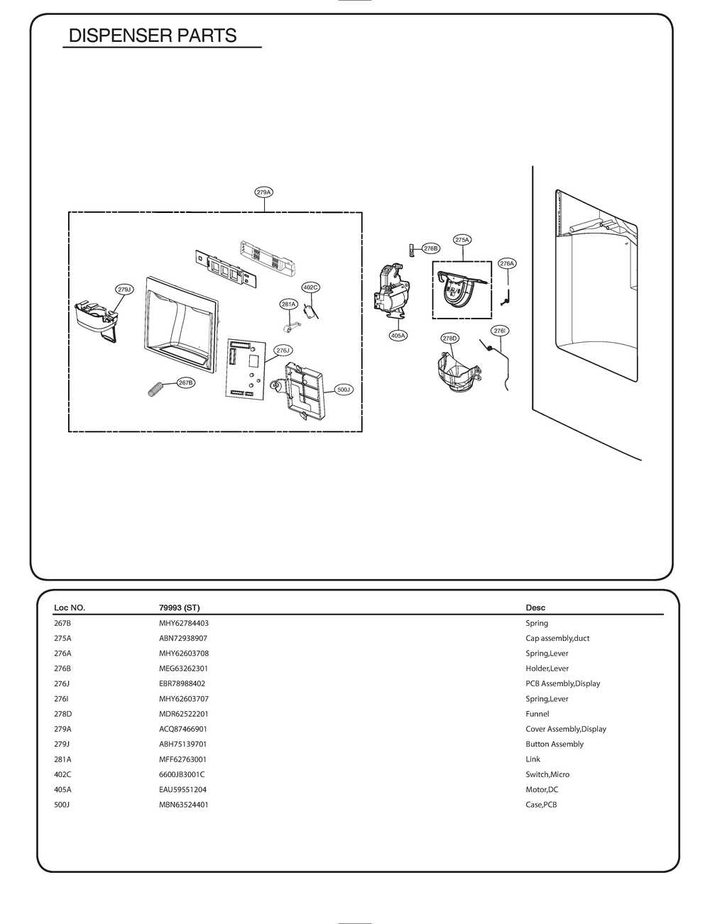 Dispenser Parts Diagram and Parts List for GR-L268LSZM ASTCSE1 LG Refrigerator