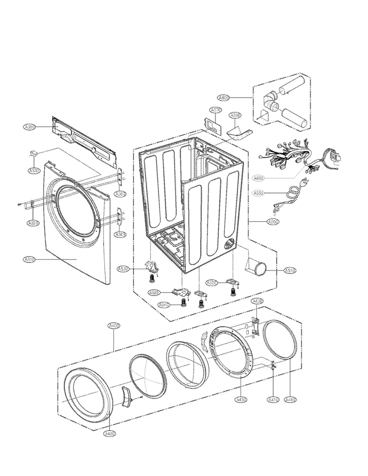 Cabinet And Door Parts Diagram and Parts List for DLG2526W 00 LG Dryer