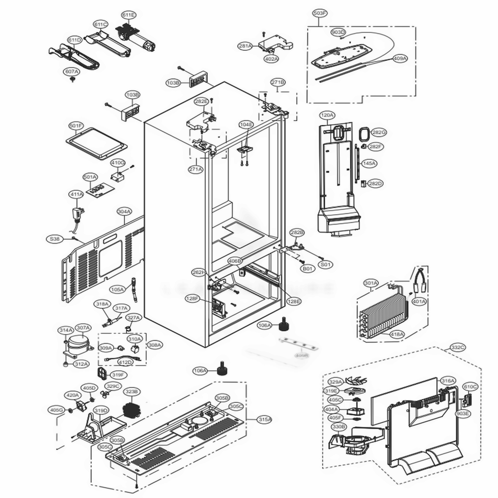 Case Parts Diagram and Parts List for LFDS22520S ASTCNA1 LG Refrigerator