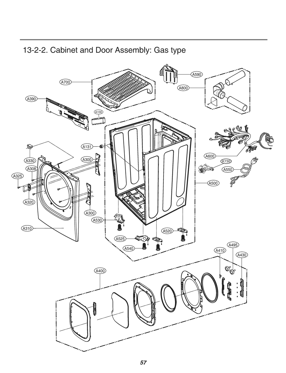 Cabinet And Door Assembly Diagram and Parts List for RN13B2AS ABWEEUS LG Dryer