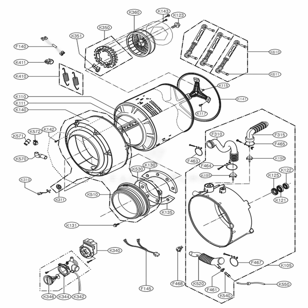Drum And Tub Assembly Diagram and Parts List for WM2140CW ABWEEUS LG Washer