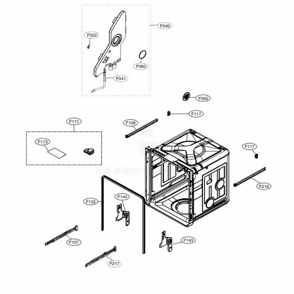 Tub Assembly Diagram and Parts List for LSDF9963ST ASTEEUS LG Dishwasher