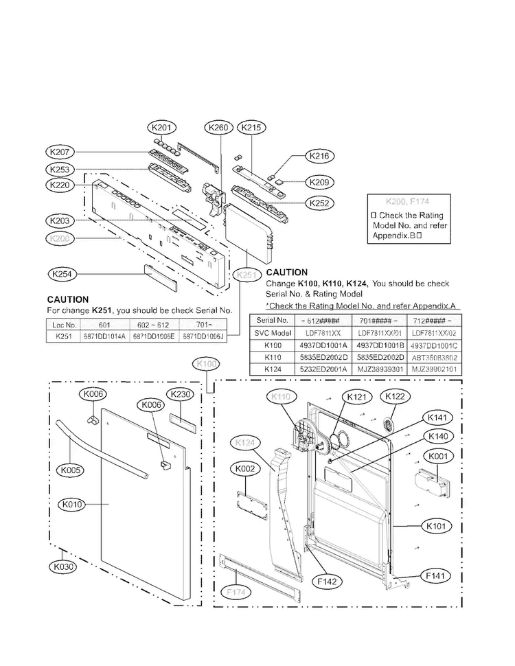 Panel And Door Parts Diagram and Parts List for LDF7811ST-01  LG Dishwasher