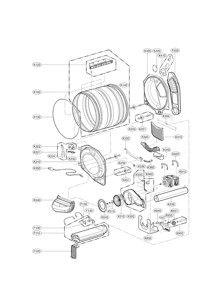 Drum And Motor Parts Diagram and Parts List for DLEX3370W  LG Dryer