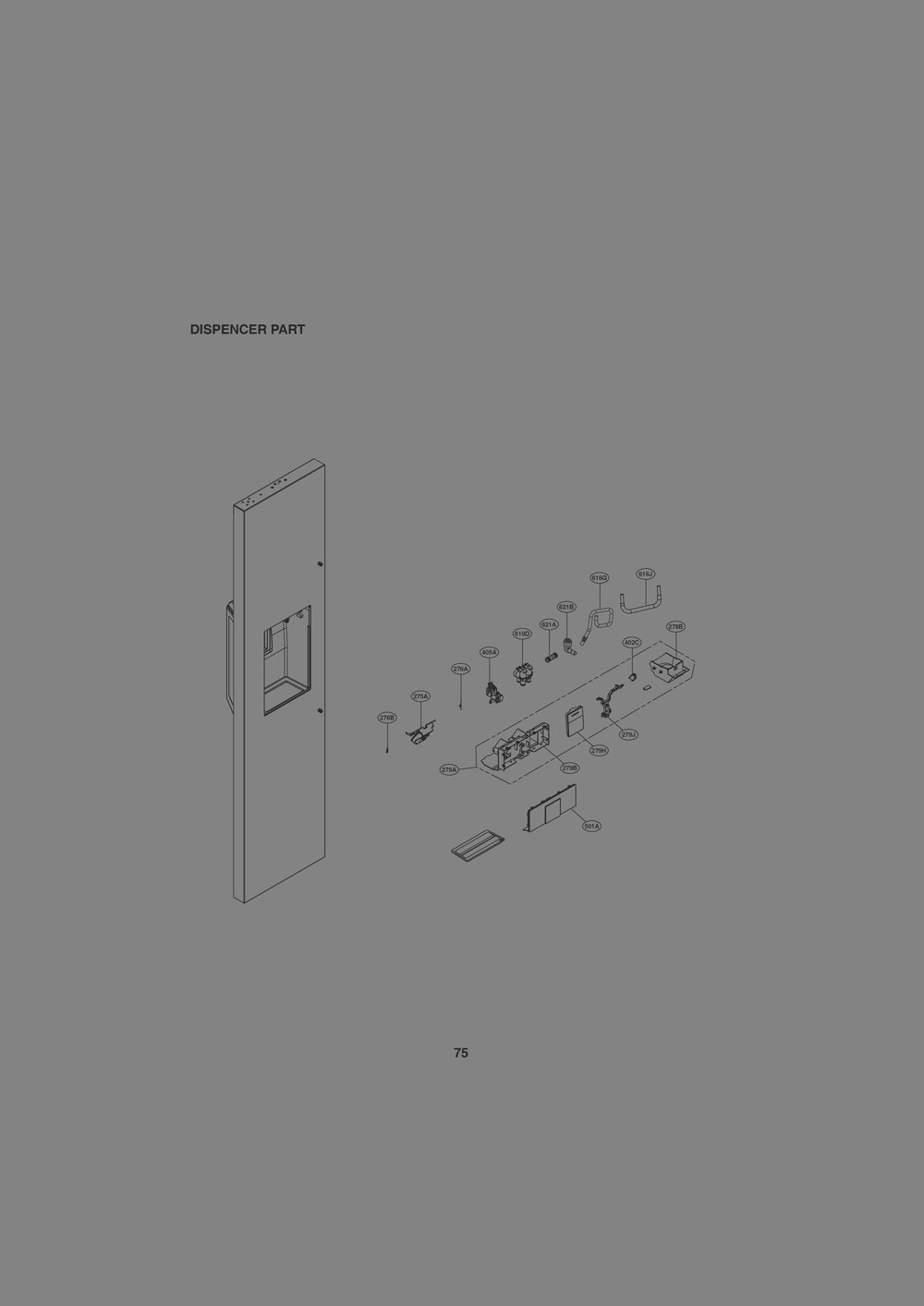Dispenser Parts Diagram and Parts List for GR-L276SSDM ASTCNA0 LG Refrigerator