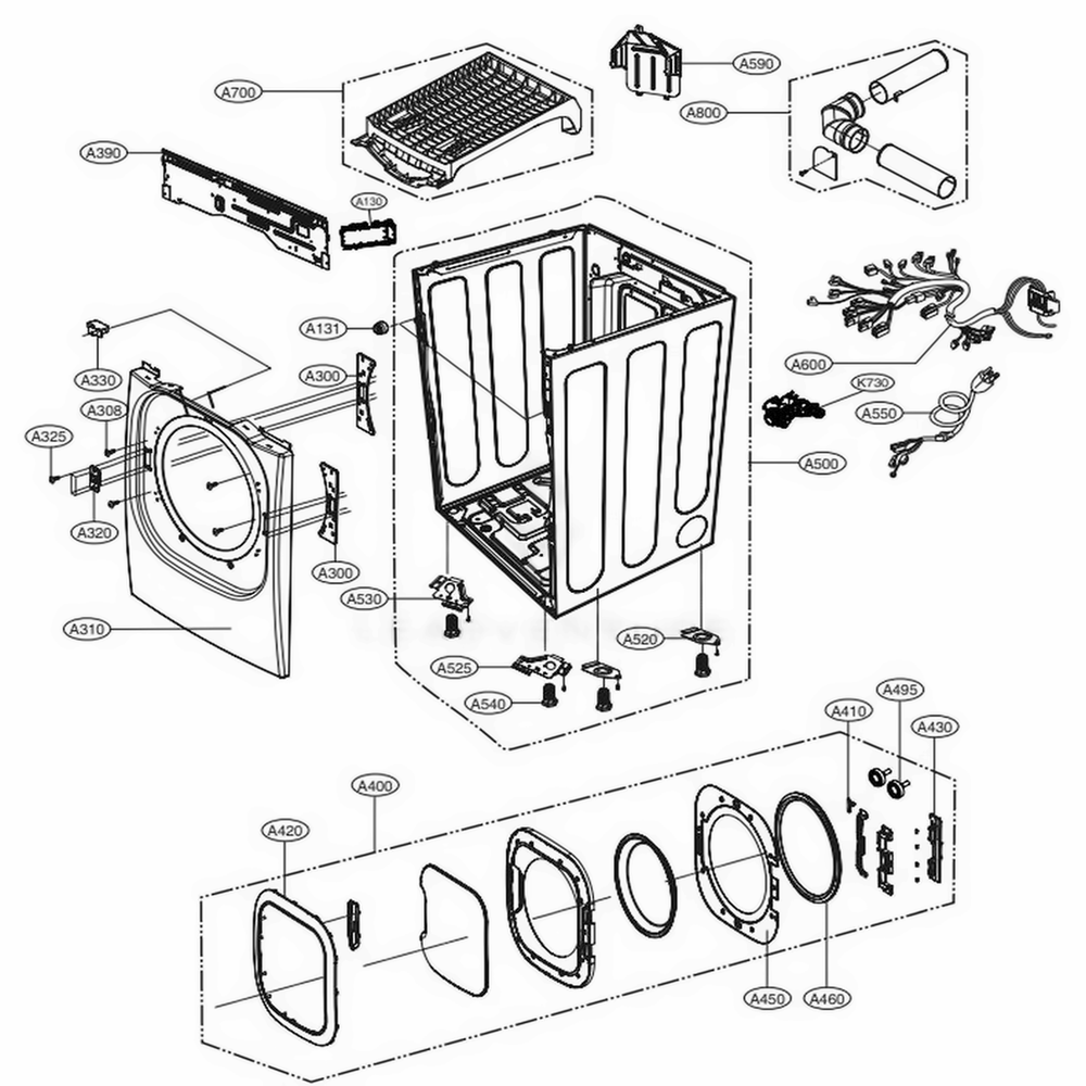 Cabinet And Door Assembly Gas Type Diagram and Parts List for DLGX4371W ABWEEUS LG Dryer