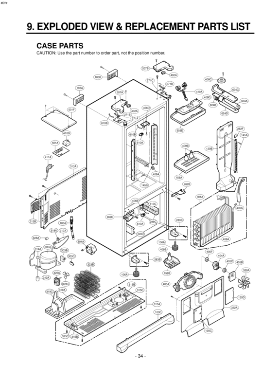 CASE PARTS    EXPLODED VIEW & REPLACEMENT PARTS LIST Diagram and Parts List for LRFD25850SW ASWCLGA LG Refrigerator
