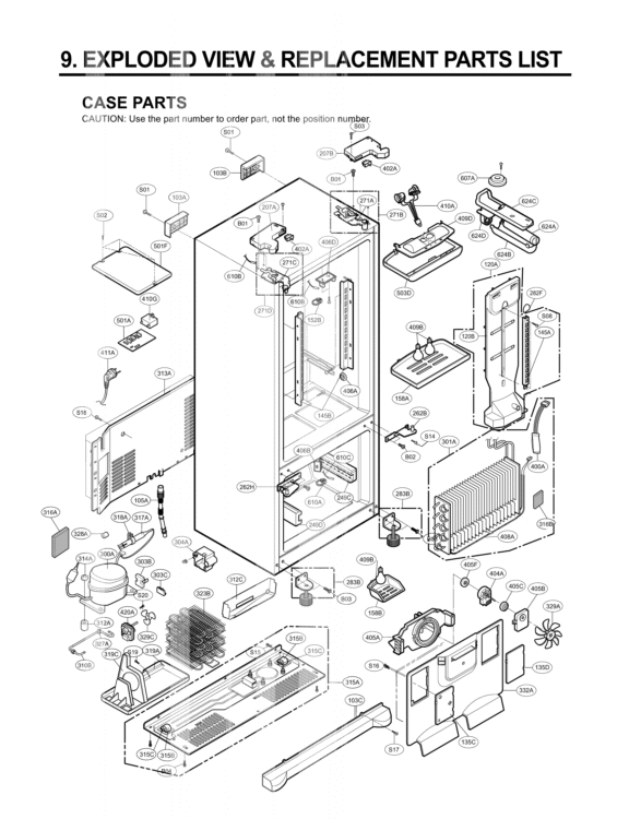 CASE PARTS   EXPLODED VIEW & REPLACEMENT PARTS LIST Diagram and Parts List for LRFD25850ST ASTCLGA LG Refrigerator