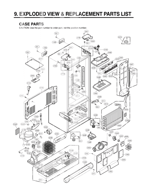 CASE PARTS   EXPLODED VIEW & REPLACEMENT PARTS LIST Diagram and Parts List for LRFC25750ST ASTCLGA LG Refrigerator