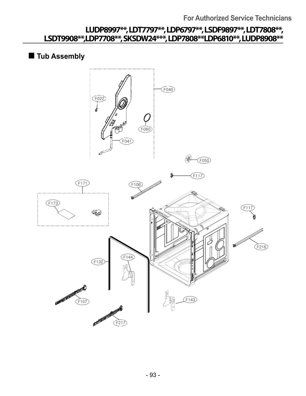 Tub Assembly Diagram and Parts List for DUA217TT ASTEEUS LG Dishwasher