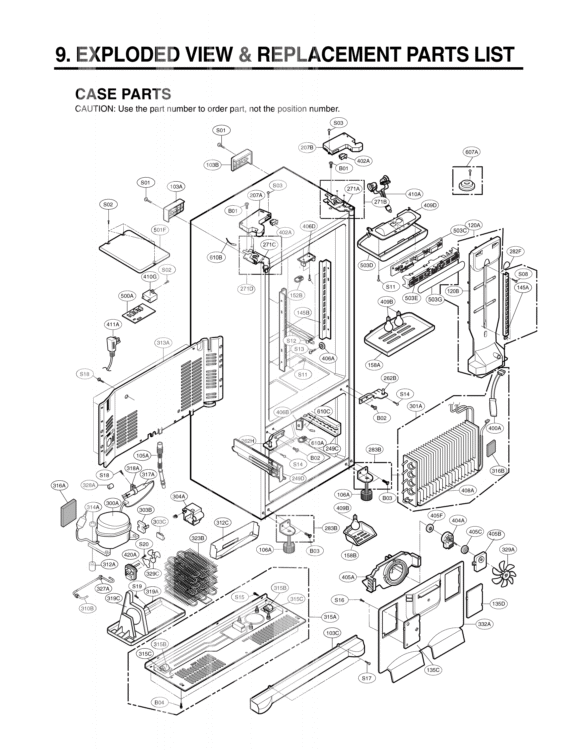 CASE PARTS   EXPLODED VIEW & REPLACEMENT PARTS LIST Diagram and Parts List for LRFC25750TT ATICLGA LG Refrigerator