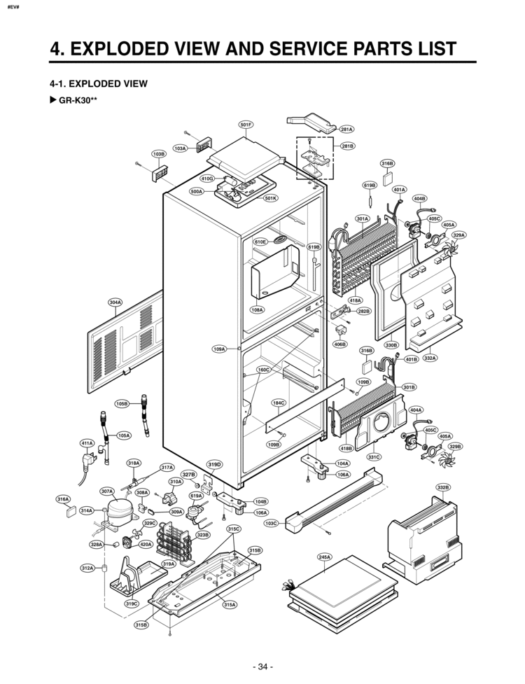 EXPLODED VIEW EXPLODED VIEW AND SERVICE PARTS LIST Diagram and Parts List for GR-K30PS  LG Refrigerator