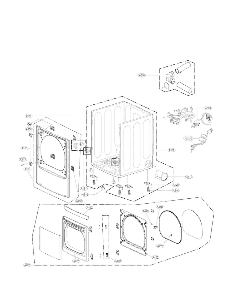 Cabinet And Door Assembly Parts Diagram and Parts List for DLG1102W  LG Dryer