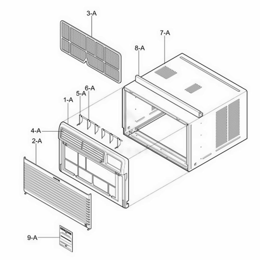 Cabinet And Front Grille Assembly Diagram and Parts List for 35909 AWYASRC LG Air Conditioner