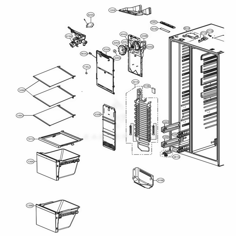 Freezer Compartment Diagram and Parts List for LSXS26326S ASTCNA8 LG Refrigerator